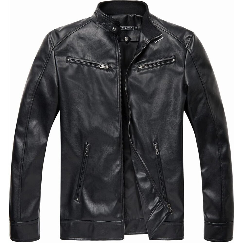 🆕Men All Black WULFUL Stand Collar Faux Leather Motorcycle Lightweight Jacket